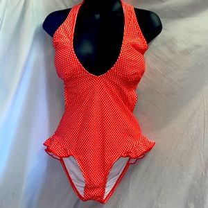 Coral Polka Dot one piece swim suit, size Small